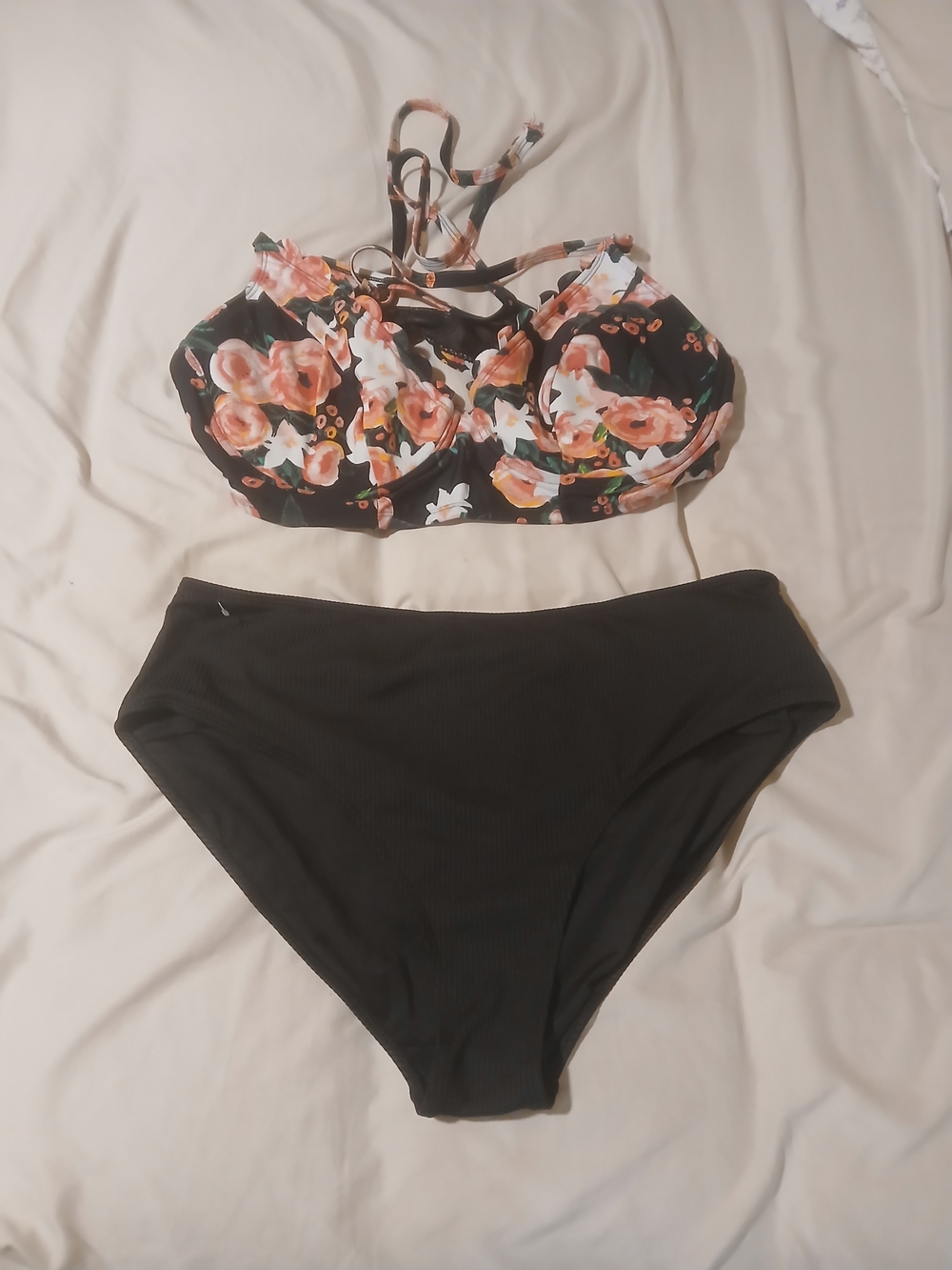 Black Floral Halter Bikini Set with High-Waist Bottoms